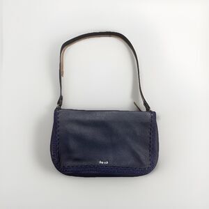 Minimalist THE SAK Flora Soft Leather Small Satchel Crocheted Trim Navy Blue